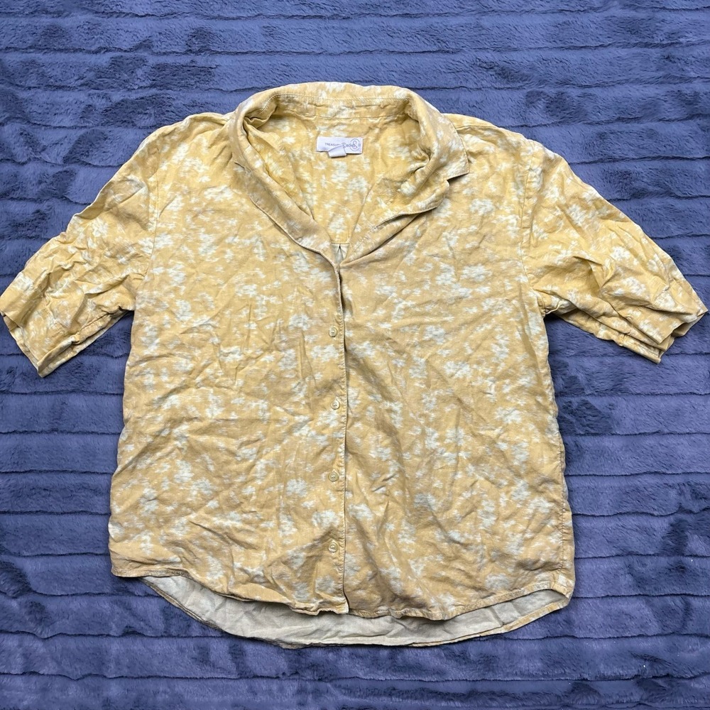 Treasure & Bond Yellow White Linen Blend Short Sleeve Button Down Shirt Womens M
